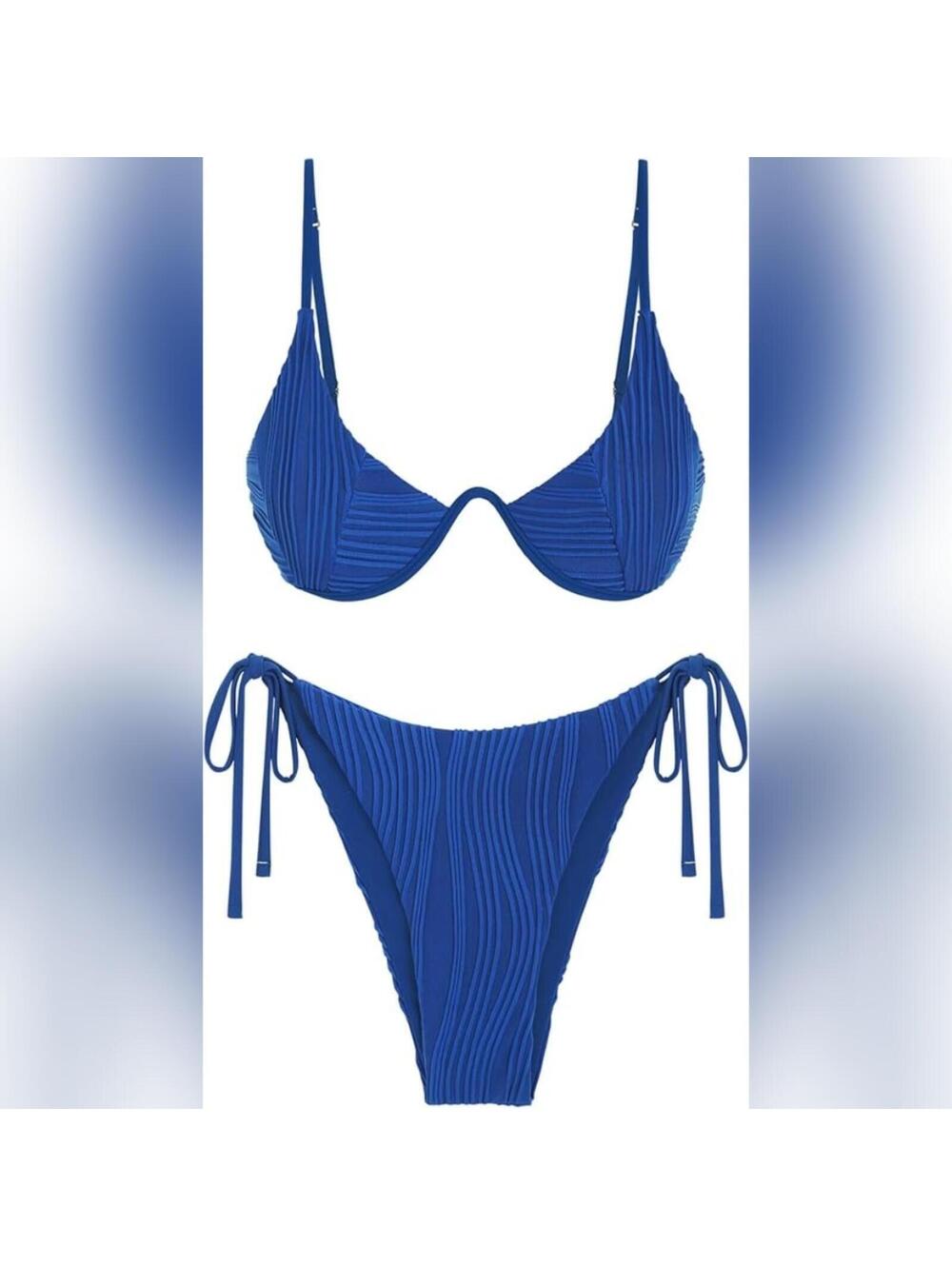 NWT ZAFUL 2 Piece Ribbed Underwire Side Tie Thong Bikini Swimsuit, Medium